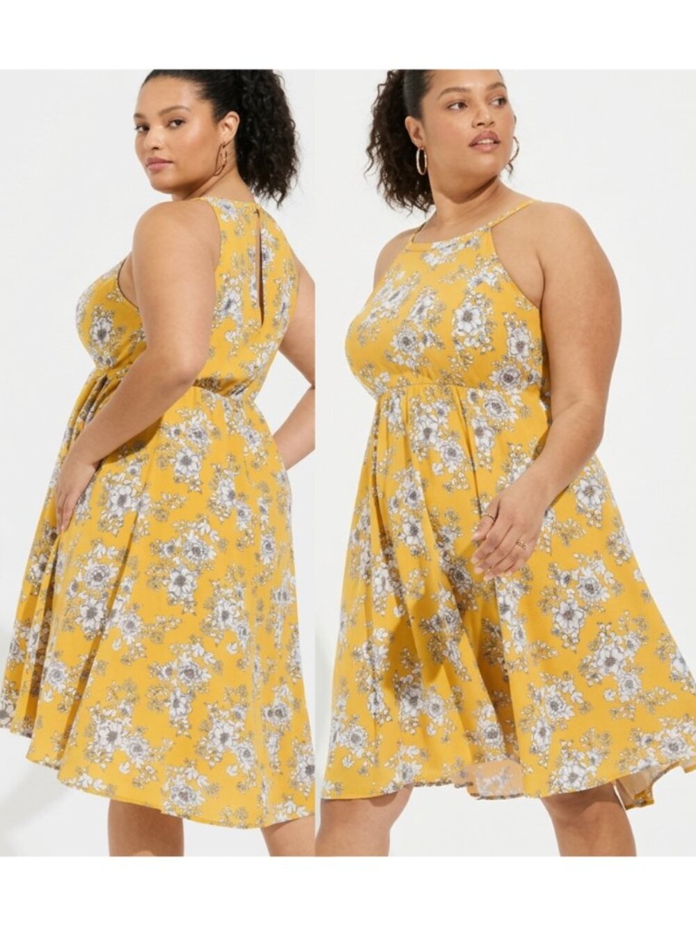TORRID 1 Plus Size A-Line Mini Dress Challis Halter Neck Hi-Low Mustard Floral